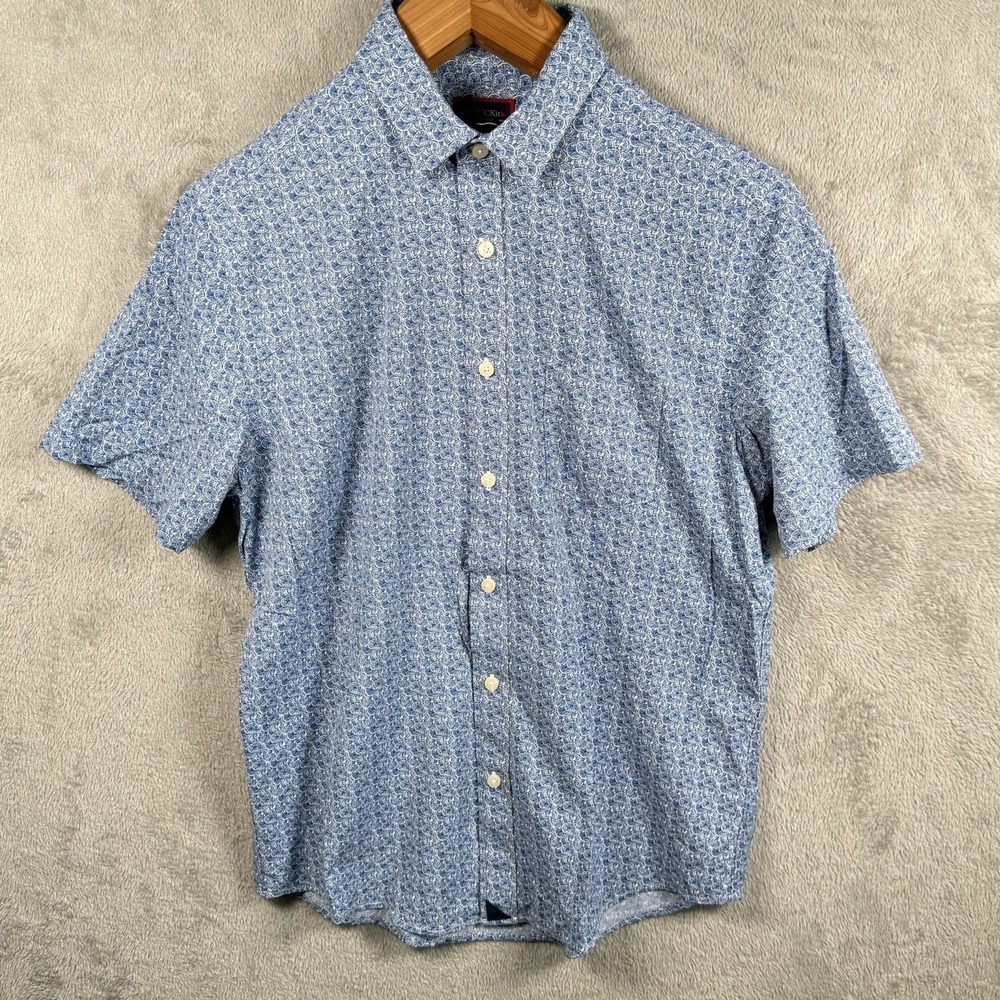 UNTUCKit Shirt Geometric Short Sleeve Button Up Mens M Slim Fit Stretch Blue